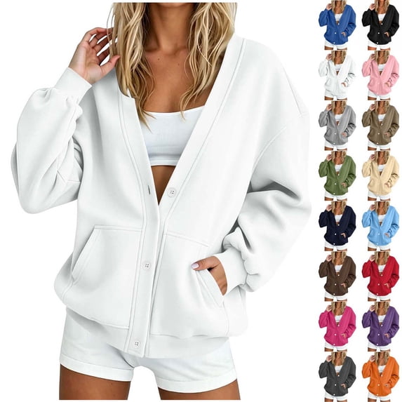Xaqiouau Womens Oversized Cardigan Sweatshirt Button Down V Neck Long Sleeve Casual Fleece Jacket Open Front Cardigan with Pockets Fall Winter