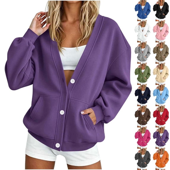 Xaqiouau Womens Oversized Cardigan Sweatshirt Button Down V Neck Long Sleeve Casual Fleece Jacket Open Front Cardigan with Pockets Fall Winter
