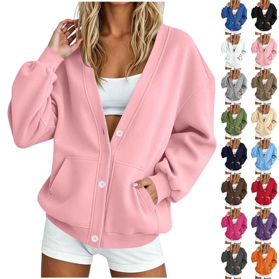 Xaqiouau Womens Oversized Cardigan Sweatshirt Button Down V Neck Long Sleeve Casual Fleece Jacket Open Front Cardigan with Pockets Fall Winter
