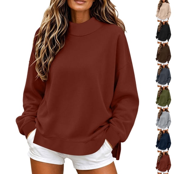 Xaqiouau Womens Oversized Mock Neck Sweatshirts Pullover Long Sleeve Casual Tops Side Slit Loose Fit Soft Comfy Fall Winter Fashion Clothing