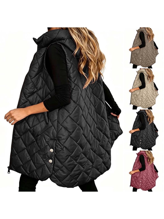 Womens Oversized Quilted Puffer Vest Lightweight Sleeveless Poncho Jacket Zip Up Batwing Outerwear Loose Fit Insulated Cape Coat