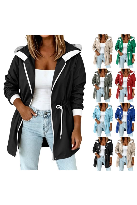 Womens Oxford Cloth Hooded Full Zip Drawstring Waist Side Pocket Water Repellent Mid Length Windbreaker Jacket Black L