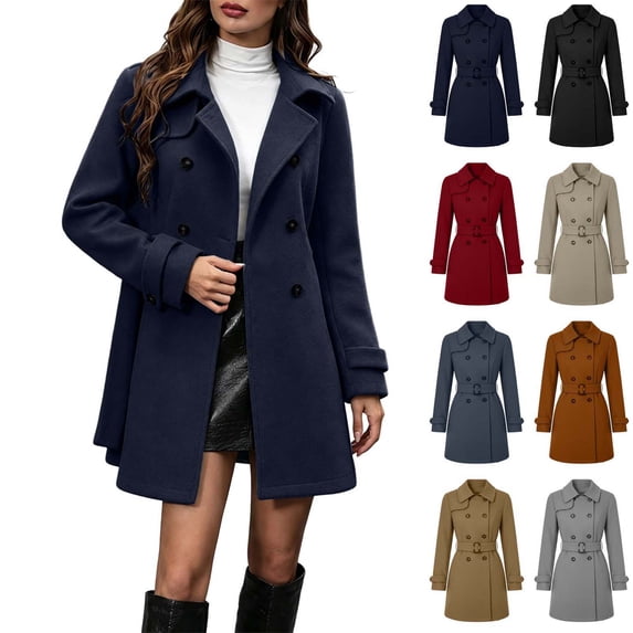 Xaqiouau Womens Pea Coat Wool Double Breasted Overcoat Belted Trench Coat for Women Notch Lapel Mid Length Jacket Long Sleeve Winter Casual Overcoat Business Jackets