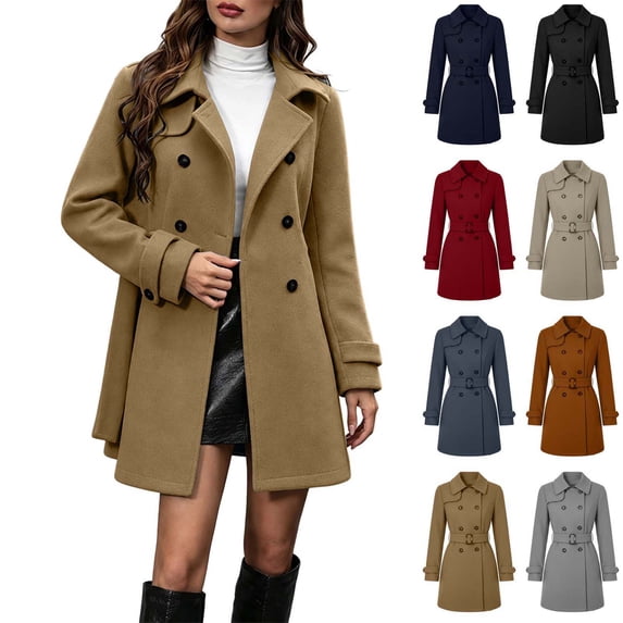 Xaqiouau Womens Pea Coat Wool Double Breasted Overcoat Belted Trench Coat for Women Notch Lapel Mid Length Jacket Long Sleeve Winter Casual Overcoat Business Jackets