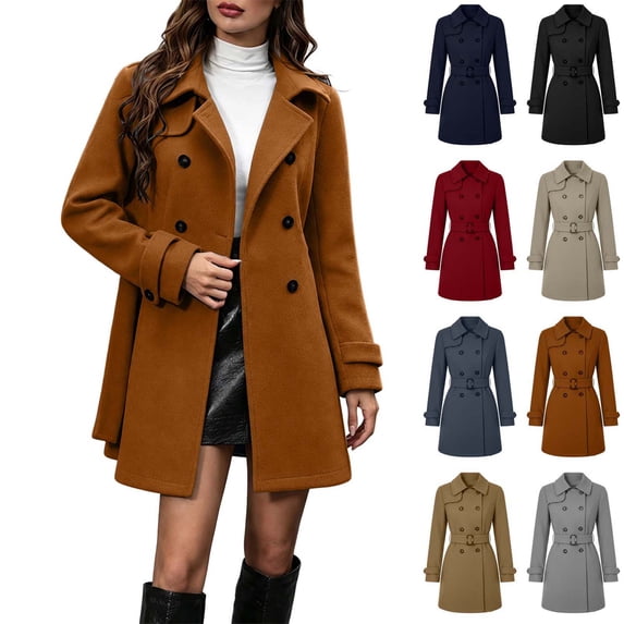 Xaqiouau Womens Pea Coat Wool Double Breasted Overcoat Belted Trench Coat for Women Notch Lapel Mid Length Jacket Long Sleeve Winter Casual Overcoat Business Jackets