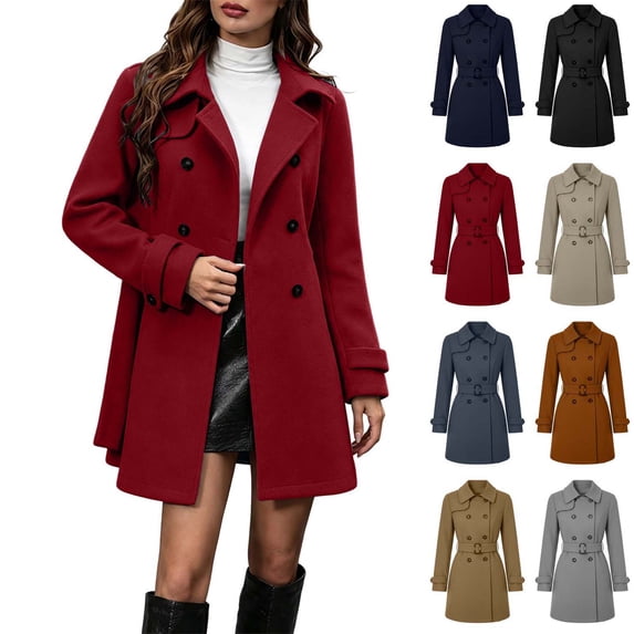 Xaqiouau Womens Pea Coat Wool Double Breasted Overcoat Belted Trench Coat for Women Notch Lapel Mid Length Jacket Long Sleeve Winter Casual Overcoat Business Jackets