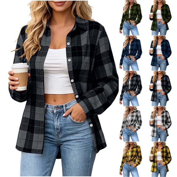 Xaqiouau Womens Plaid Flannel Shirt Long Sleeve Button Down Casual Checkered Blouse Lapel Collar Loose Fit Fall Winter Tops