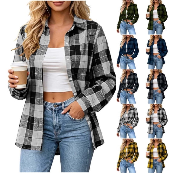 Xaqiouau Womens Plaid Flannel Shirt Long Sleeve Button Down Casual Checkered Blouse Lapel Collar Loose Fit Fall Winter Tops