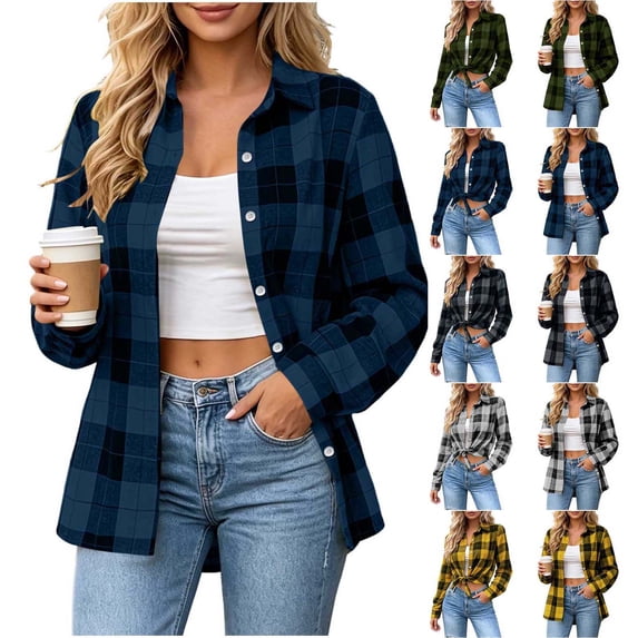 Xaqiouau Womens Plaid Flannel Shirt Long Sleeve Button Down Casual Checkered Blouse Lapel Collar Loose Fit Fall Winter Tops