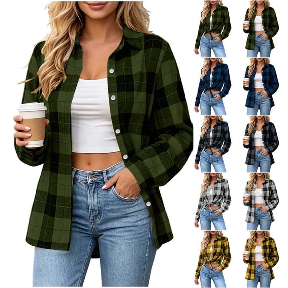 Xaqiouau Womens Plaid Flannel Shirt Long Sleeve Button Down Casual Checkered Blouse Lapel Collar Loose Fit Fall Winter Tops