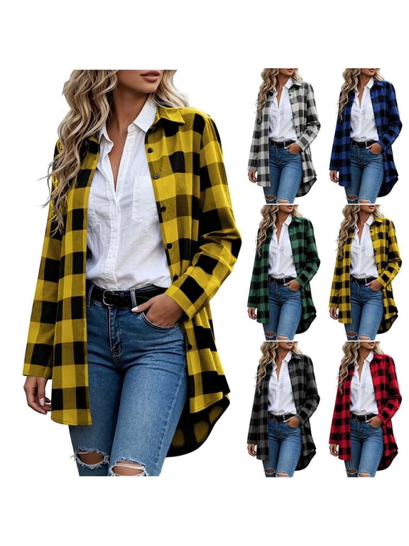Womens Plaid Flannel Shirt Long Sleeve Button Down Tunic Blouse Casual Buffalo Check Lapel Loose Fit Fall Winter Tops