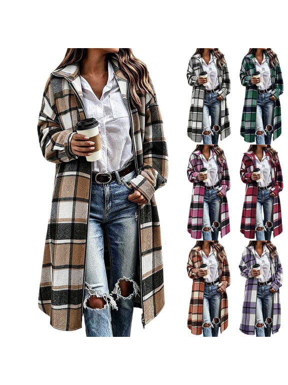 Womens Plaid Long Coat Zip Up Jacket Oversized Flannel Shacket Long Sleeve Lapel Casual Fall Winter Outerwear With Pockets