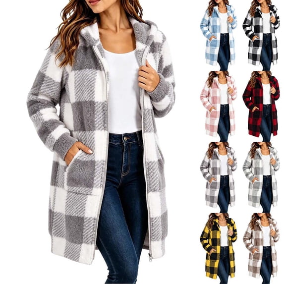 Xaqiouau Womens Plaid Sherpa Jacket Fleece Hooded Coat Zip Up Long Sleeve Buffalo Check Teddy Jacket Warm Winter Outerwear with Pockets