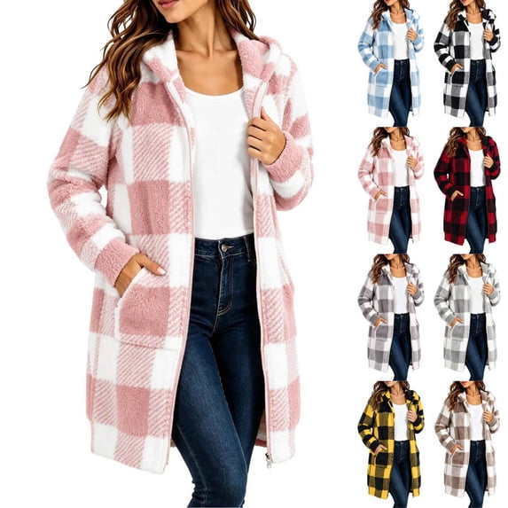 Xaqiouau Womens Plaid Sherpa Jacket Fleece Hooded Coat Zip Up Long Sleeve Buffalo Check Teddy Jacket Warm Winter Outerwear with Pockets