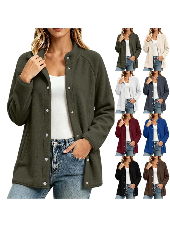 Womens Polar Fleece Jacket Snap Button Cardigan Lightweight Soft Fleece Coat Long Sleeve Casual Outerwear with Pockets Relaxed Fit