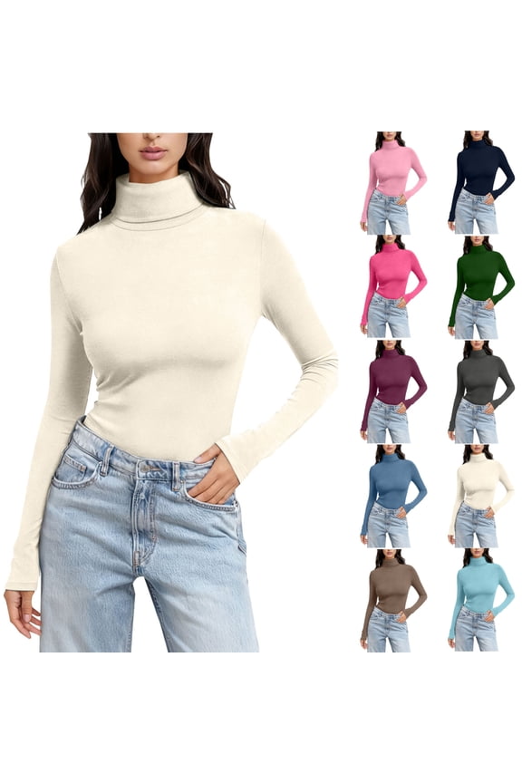 Womens Polyester Blend Turtleneck Top Regular Shoulder Slim Long Sleeve Solid Stretch Fall Winter Casual Layering Base Top Beige XXL