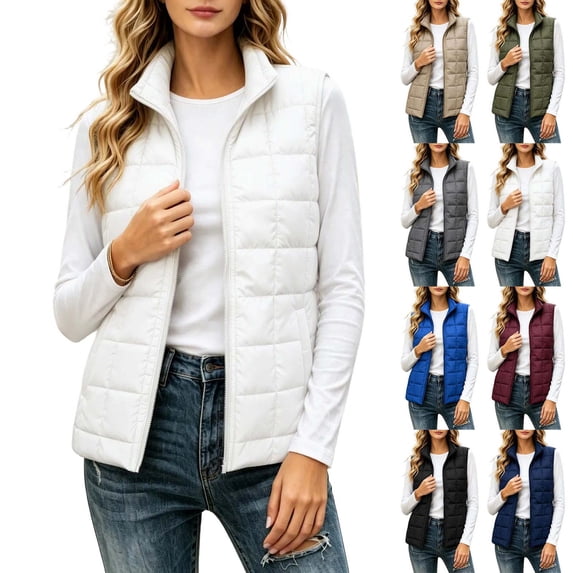 Xaqiouau Womens Puffer Vest Lightweight Quilted Vest Zip Up Sleeveless Jacket Stand Collar Winter Outerwear with Pockets