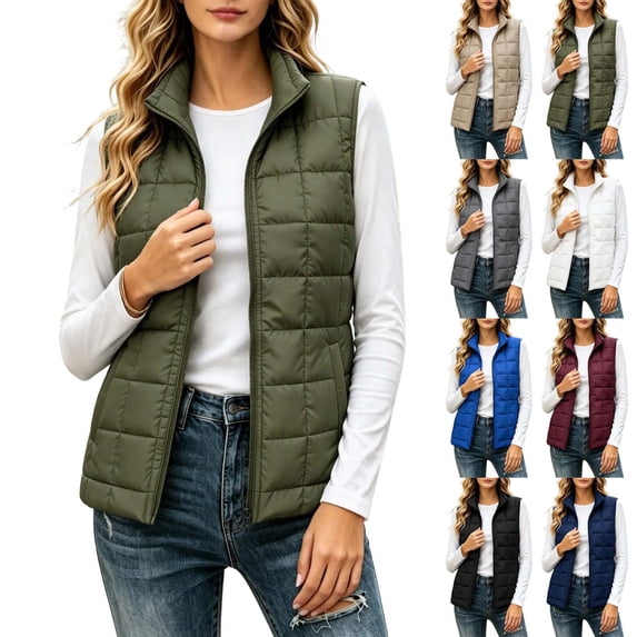 Xaqiouau Womens Puffer Vest Lightweight Quilted Vest Zip Up Sleeveless Jacket Stand Collar Winter Outerwear with Pockets