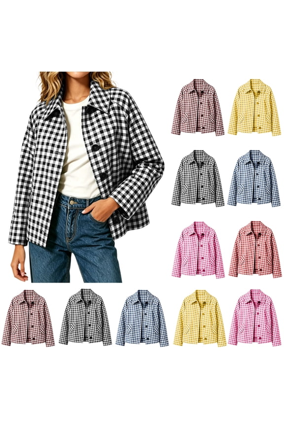 Womens Relaxed Fit Polycotton Checkered Short Utility Jacket Turn Down Collar Button Front Outerwear With Side Pockets Black XL