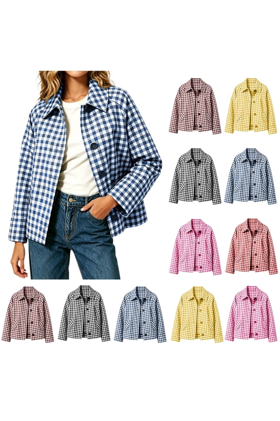 Womens Relaxed Fit Polycotton Checkered Short Utility Jacket Turn Down Collar Button Front Outerwear With Side Pockets Blue M
