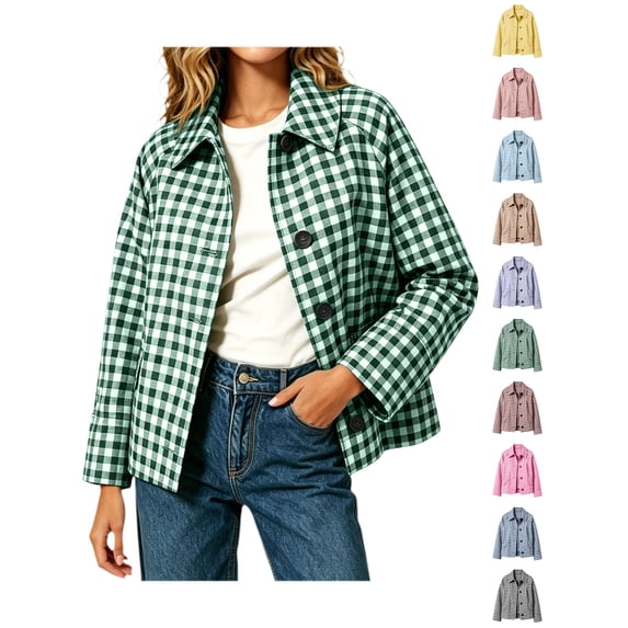 Xaqiouau Womens Relaxed Fit Polycotton Checkered Short Utility Jacket Turn Down Collar Button Front Outerwear With Side Pockets Green XL
