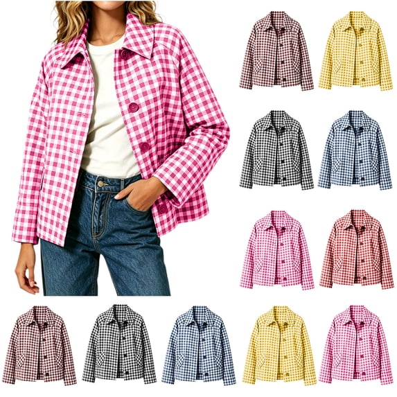Xaqiouau Womens Relaxed Fit Polycotton Checkered Short Utility Jacket Turn Down Collar Button Front Outerwear With Side Pockets Pink L
