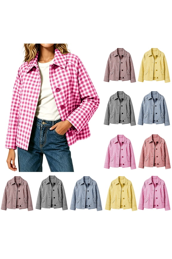 Womens Relaxed Fit Polycotton Checkered Short Utility Jacket Turn Down Collar Button Front Outerwear With Side Pockets Pink M