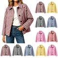 thumbnail image 1 of Xaqiouau Womens Relaxed Fit Polycotton Checkered Short Utility Jacket Turn Down Collar Button Front Outerwear With Side Pockets Purple L, 1 of 7