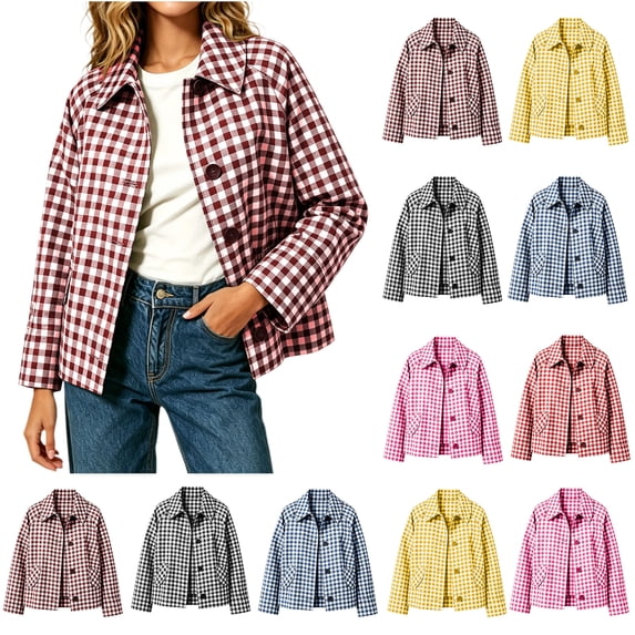 Xaqiouau Womens Relaxed Fit Polycotton Checkered Short Utility Jacket Turn Down Collar Button Front Outerwear With Side Pockets Purple L