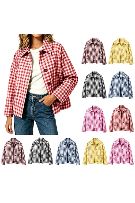 Womens Relaxed Fit Polycotton Checkered Short Utility Jacket Turn Down Collar Button Front Outerwear With Side Pockets Red M