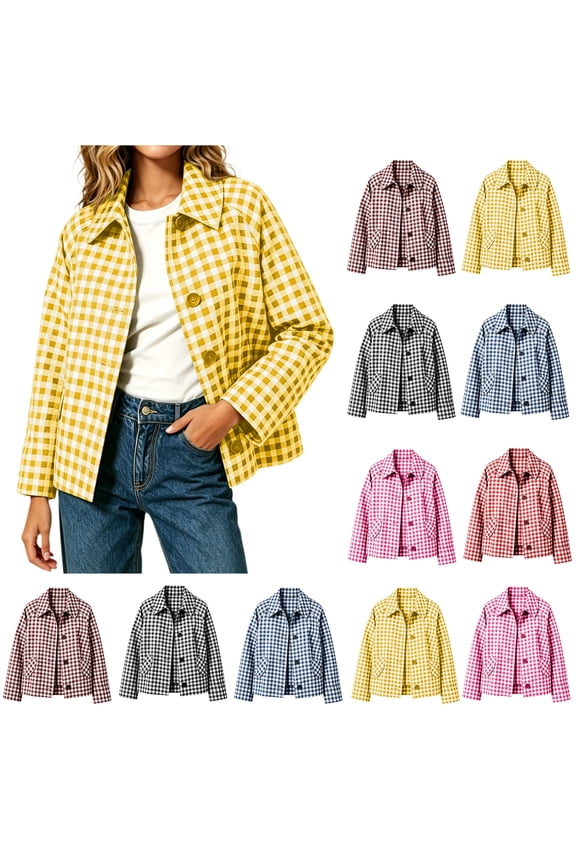 Womens Relaxed Fit Polycotton Checkered Short Utility Jacket Turn Down Collar Button Front Outerwear With Side Pockets Yellow S