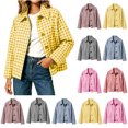 thumbnail image 1 of Xaqiouau Womens Relaxed Fit Polycotton Checkered Short Utility Jacket Turn Down Collar Button Front Outerwear With Side Pockets Yellow XL, 1 of 7