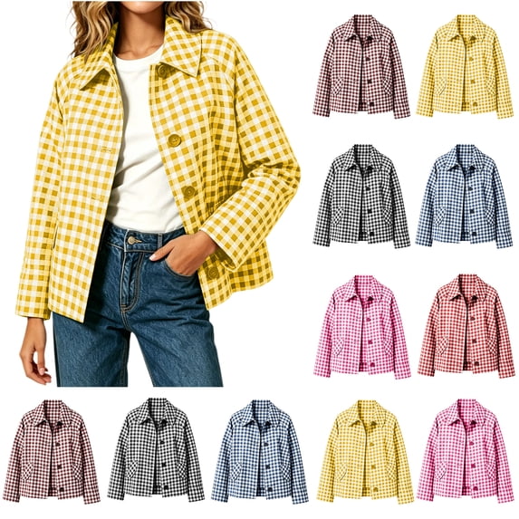 Xaqiouau Womens Relaxed Fit Polycotton Checkered Short Utility Jacket Turn Down Collar Button Front Outerwear With Side Pockets Yellow XL