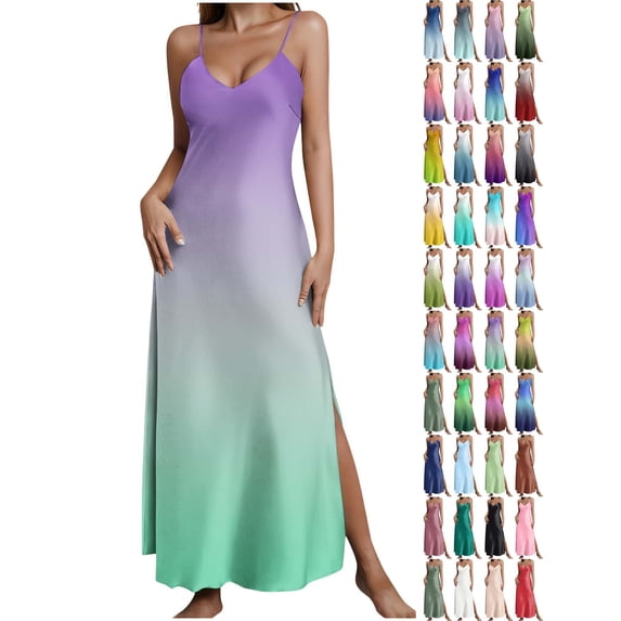 Xaqiouau Womens Satin Sleep Dress Spaghetti Strap V Neck Sleeveless Maxi Nightgown Soft Lightweight Flowing Long Nightdress for Summer Beach Vacation