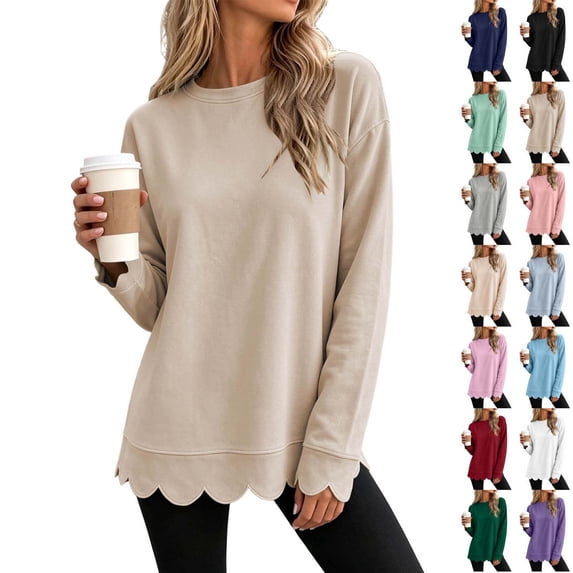 Xaqiouau Womens Oversized Crewneck Sweatshirt Scalloped Hem Long Sleeve Pullover Tunic Top Loose Fit Lightweight Casual Fall Winter Tops