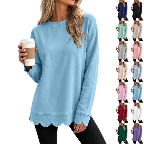 Xaqiouau Womens Oversized Crewneck Sweatshirt Scalloped Hem Long Sleeve Pullover Tunic Top Loose Fit Lightweight Casual Fall Winter Tops
