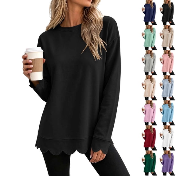 Xaqiouau Womens Oversized Crewneck Sweatshirt Scalloped Hem Long Sleeve Pullover Tunic Top Loose Fit Lightweight Casual Fall Winter Tops