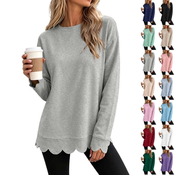 Xaqiouau Womens Oversized Crewneck Sweatshirt Scalloped Hem Long Sleeve Pullover Tunic Top Loose Fit Lightweight Casual Fall Winter Tops
