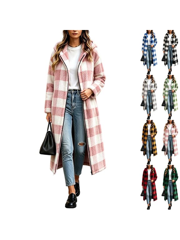 Womens Sherpa Coat Buffalo Plaid Fleece Jacket Long Hooded Zip Up Teddy Coat Warm Winter Outerwear with Pockets