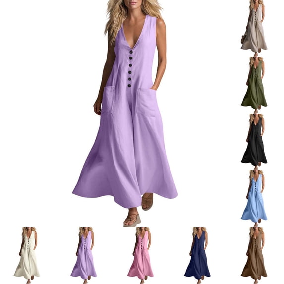 Xaqiouau Solid Womens Sleeveless Maxi Dress V Neck Button Front Casual Summer Loose Fit Long Dress with Pockets Flowy Beach Vacation Dress