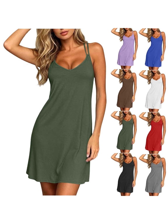 Womens Sleeveless Nightgown V Neck Cami Sleep Dress Adjustable Double Strap Lounge Dress Soft Casual House Dress