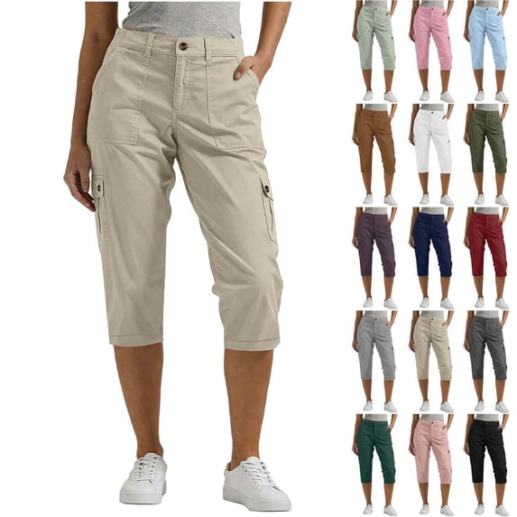 Xaqiouau Womens Solid Cargo Capris Pants Button Zipper Closure Multiple Pockets Straight Leg Casual Capris Pants for Daily Wear Hiking Outdoor Activities