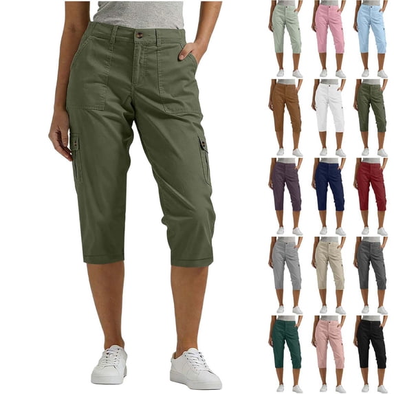 Xaqiouau Womens Solid Cargo Capris Pants Button Zipper Closure Multiple Pockets Straight Leg Casual Capris Pants for Daily Wear Hiking Outdoor Activities