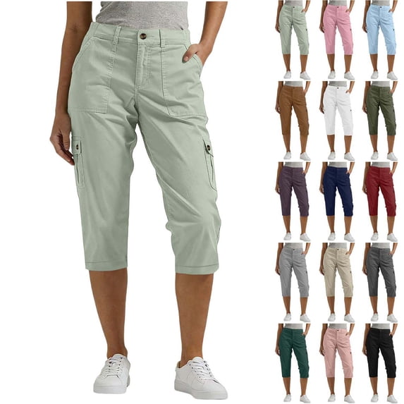 Xaqiouau Womens Solid Cargo Capris Pants Button Zipper Closure Multiple Pockets Straight Leg Casual Capris Pants for Daily Wear Hiking Outdoor Activities