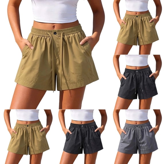 Xaqiouau Womens Solid Casual Shorts Elastic Waist Drawstring Button Closure Side Pockets Summer Loose Fit Shorts for Daily Wear Hiking Outdoor