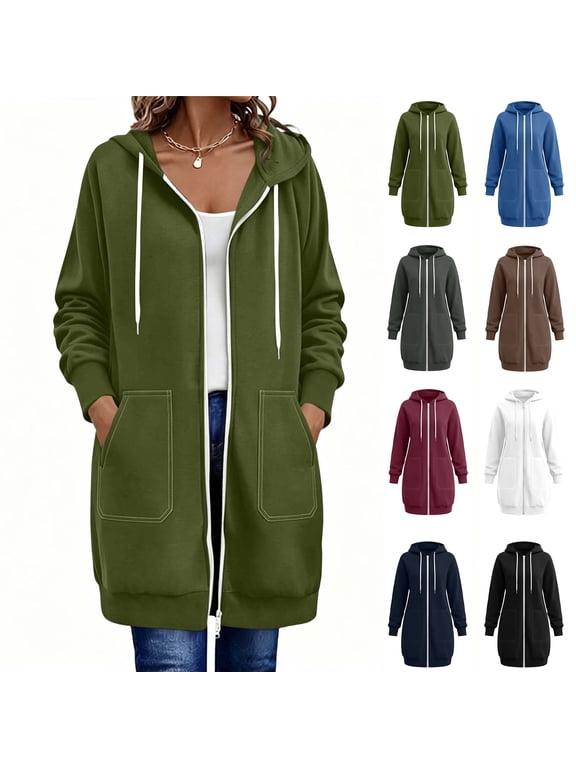 Womens Solid Color Athleisure Coat Polyester Blend Relaxed Full Zip Drawstring Hooded Longline Sweatshirt Stitched Exterior Pocket Fall Winter Outerwear Green L