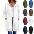 thumbnail image 1 of Xaqiouau Womens Solid Color Athleisure Coat Polyester Blend Relaxed Full Zip Drawstring Hooded Longline Sweatshirt Stitched Exterior Pocket Fall Winter Outerwear White S, 1 of 7