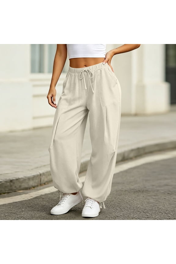 Womens Solid Color Elastic High Waist Convertible Cuff Casual Pants Spring Summer Daily Trousers with Side Pockets Beige S