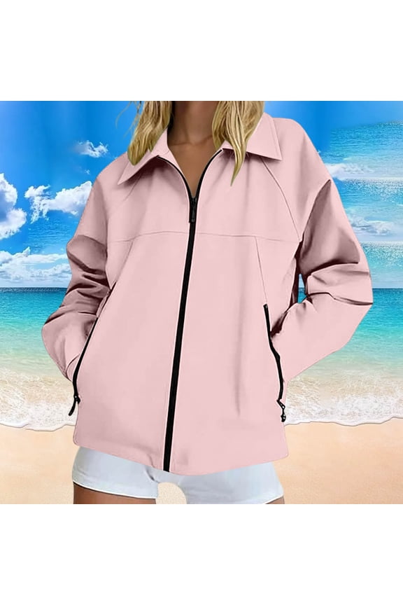 Womens Solid Color Oxford Cloth Lapel Collar Full Zip Front Hidden Side Zip Pocket Waterproof Wind Resistant Running Hiking Sport Outdoor Outer Jackets Pink M