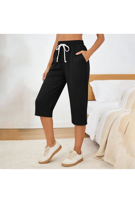 Womens Solid Color Polyester Spandex Blend Capri Pants Drawstring Elastic Waist Loose Fit Casual Sportswear Capris with Pockets Summer Workout Lounge Shorts Black XXL